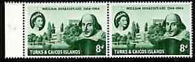 Turks & Caicos Islands 1964 400th Birth Anniversary of Shakespeare 8d horiz pair, one stamp with 'retouch on building' (R7/2) unmounted mint SG 257var