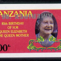 Tanzania 1986 Queen Mother 100s (as SG 427) imperf proof single with AMERIPEX '86 opt in silver inverted unmounted mint