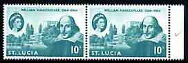 St Lucia 1964 400th Birth Anniversary of Shakespeare 10c horiz pair, one stamp with 'Large white flaw on Crown' (R4/4) unmounted mint SG 211var