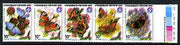 Cinderella - Woodseats Venture Scouts 1987 se-tenant strip of 5 rouletted labels featuring Butterflies on Flowers showing a fine shift of yellow and blue, an attractive yet inexpensive variety