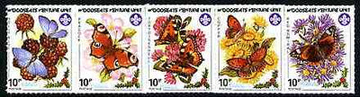 Cinderella - Woodseats Venture Scouts 1987 se-tenant strip of 5 rouletted labels featuring Butterflies on Flowers unmounted mint