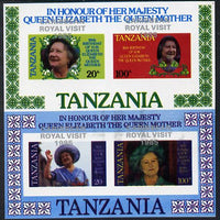 Tanzania 1985 Life & Times of HM Queen Mother set of 2 imperf proof m/sheets each with the unissued 'Caribbean Royal Visit 1985' opt in silver misplaced by 15mm unmounted mint