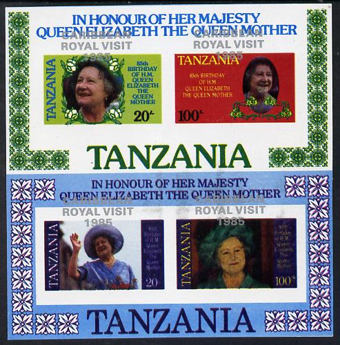 Tanzania 1985 Life & Times of HM Queen Mother set of 2 imperf proof m/sheets each with the unissued 'Caribbean Royal Visit 1985' opt in silver misplaced by 15mm unmounted mint