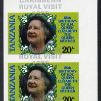 Tanzania 1985 Life & Times of HM Queen Mother 20s (as SG 425) imperf proof pair with the unissued 'Caribbean Royal Visit 1985' opt in silver misplaced by 15mm unmounted mint