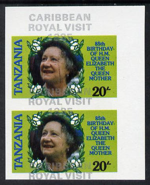 Tanzania 1985 Life & Times of HM Queen Mother 20s (as SG 425) imperf proof pair with the unissued 'Caribbean Royal Visit 1985' opt in silver misplaced by 15mm unmounted mint