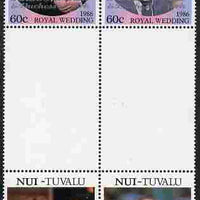Tuvalu - Nui 1986 Royal Wedding (Andrew & Fergie) 60c with 'Congratulations' opt in silver in unissued perf inter-paneau block of 4 (2 se-tenant pairs) unmounted mint from Printer's uncut proof sheet