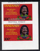 Tanzania 1985 Life & Times of HM Queen Mother 100s (as SG 427) imperf proof pair with the unissued 'Caribbean Royal Visit 1985' opt in silver misplaced by 15mm unmounted mint