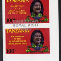 Tanzania 1985 Life & Times of HM Queen Mother 100s (as SG 427) imperf proof pair with the unissued 'Caribbean Royal Visit 1985' opt in silver misplaced by 15mm unmounted mint