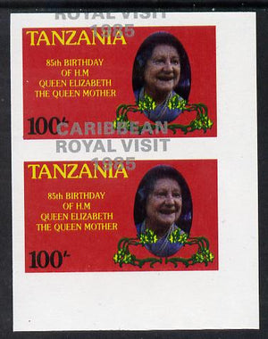 Tanzania 1985 Life & Times of HM Queen Mother 100s (as SG 427) imperf proof pair with the unissued 'Caribbean Royal Visit 1985' opt in silver misplaced by 15mm unmounted mint