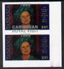 Tanzania 1985 Life & Times of HM Queen Mother 100s (as SG 428) imperf proof pair with the unissued 'Caribbean Royal Visit 1985' opt in silver misplaced by 15mm unmounted mint