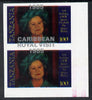 Tanzania 1985 Life & Times of HM Queen Mother 100s (as SG 428) imperf proof pair with the unissued 'Caribbean Royal Visit 1985' opt in silver misplaced by 15mm unmounted mint