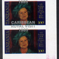 Tanzania 1985 Life & Times of HM Queen Mother 100s (as SG 428) imperf proof pair with the unissued 'Caribbean Royal Visit 1985' opt in silver misplaced by 15mm unmounted mint