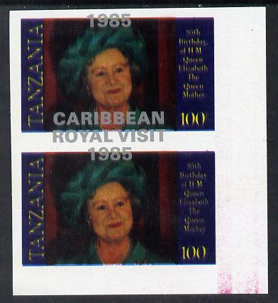 Tanzania 1985 Life & Times of HM Queen Mother 100s (as SG 428) imperf proof pair with the unissued 'Caribbean Royal Visit 1985' opt in silver misplaced by 15mm unmounted mint