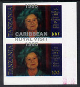 Tanzania 1985 Life & Times of HM Queen Mother 100s (as SG 428) imperf proof pair with the unissued 'Caribbean Royal Visit 1985' opt in silver misplaced by 15mm unmounted mint