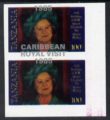 Tanzania 1985 Life & Times of HM Queen Mother 100s (as SG 428) imperf proof pair with the unissued 'Caribbean Royal Visit 1985' opt in silver misplaced by 15mm unmounted mint