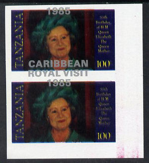 Tanzania 1985 Life & Times of HM Queen Mother 100s (as SG 428) imperf proof pair with the unissued 'Caribbean Royal Visit 1985' opt in silver misplaced by 15mm unmounted mint