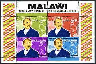 Malawi 1973 Death Centenary of David Livingstone (1st issue) perf m/sheet containing set of 4 unmounted mint, SG MS439