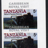 Tanzania 1985 Locomotives 5s (as SG 430) imperf proof pair with the unissued 'Caribbean Royal Visit 1985' opt in silver misplaced by 15mm unmounted mint