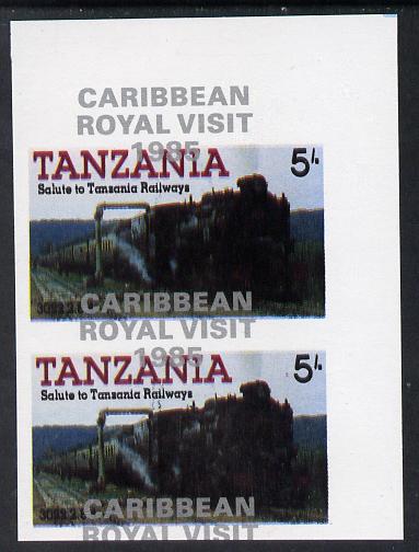 Tanzania 1985 Locomotives 5s (as SG 430) imperf proof pair with the unissued 'Caribbean Royal Visit 1985' opt in silver misplaced by 15mm unmounted mint