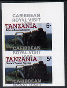 Tanzania 1985 Locomotives 5s (as SG 430) imperf proof pair with the unissued 'Caribbean Royal Visit 1985' opt in silver misplaced by 15mm unmounted mint