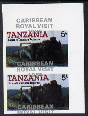 Tanzania 1985 Locomotives 5s (as SG 430) imperf proof pair with the unissued 'Caribbean Royal Visit 1985' opt in silver misplaced by 15mm unmounted mint