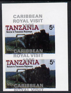 Tanzania 1985 Locomotives 5s (as SG 430) imperf proof pair with the unissued 'Caribbean Royal Visit 1985' opt in silver misplaced by 15mm unmounted mint