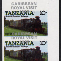 Tanzania 1985 Locomotives 10s (as SG 431) imperf proof pair with the unissued 'Caribbean Royal Visit 1985' opt in silver misplaced by 15mm unmounted mint
