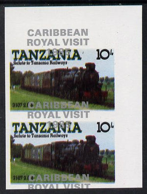 Tanzania 1985 Locomotives 10s (as SG 431) imperf proof pair with the unissued 'Caribbean Royal Visit 1985' opt in silver misplaced by 15mm unmounted mint