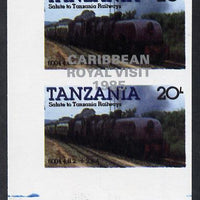 Tanzania 1985 Locomotives 20s (as SG 432) imperf proof pair with the unissued 'Caribbean Royal Visit 1985' opt in silver misplaced by 15mm unmounted mint