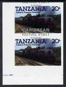 Tanzania 1985 Locomotives 20s (as SG 432) imperf proof pair with the unissued 'Caribbean Royal Visit 1985' opt in silver misplaced by 15mm unmounted mint