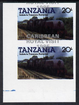 Tanzania 1985 Locomotives 20s (as SG 432) imperf proof pair with the unissued 'Caribbean Royal Visit 1985' opt in silver misplaced by 15mm unmounted mint