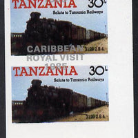 Tanzania 1985 Locomotives 30s (as SG 433) imperf proof pair with the unissued 'Caribbean Royal Visit 1985' opt in silver misplaced by 15mm unmounted mint