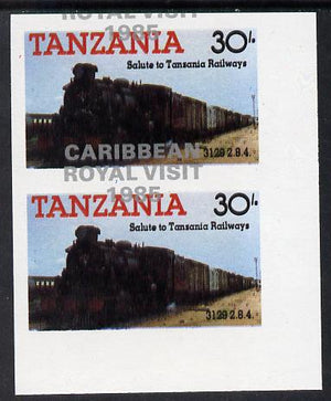 Tanzania 1985 Locomotives 30s (as SG 433) imperf proof pair with the unissued 'Caribbean Royal Visit 1985' opt in silver misplaced by 15mm unmounted mint