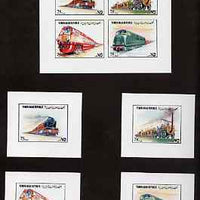 Yemen - Republic 1980 (?) Locomotives imperf set of 8 plus two s/sheets each on Cromalin paper mounted in special folder by the printers, Ueberreuter, as SG 610-16