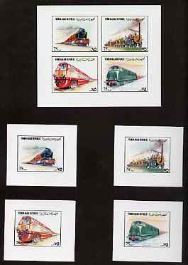 Yemen - Republic 1980 (?) Locomotives imperf set of 8 plus two s/sheets each on Cromalin paper mounted in special folder by the printers, Ueberreuter, as SG 610-16