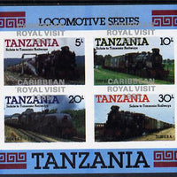 Tanzania 1985 Locomotives m/sheet (as SG MS 434) imperf proof with the unissued 'Caribbean Royal Visit 1985' opt in silver misplaced by 15mm unmounted mint