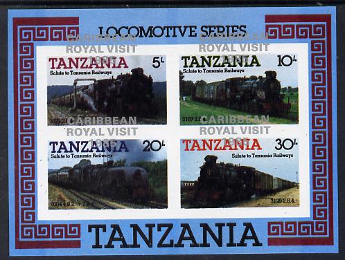 Tanzania 1985 Locomotives m/sheet (as SG MS 434) imperf proof with the unissued 'Caribbean Royal Visit 1985' opt in silver misplaced by 15mm unmounted mint