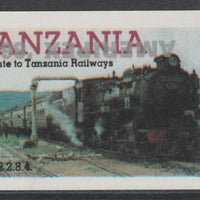 Tanzania 1986 Railways 5s (as SG 430) imperf proof with the unissued 'AMERIPEX '86' opt in silver inverted (some ink smudging) unmounted mint