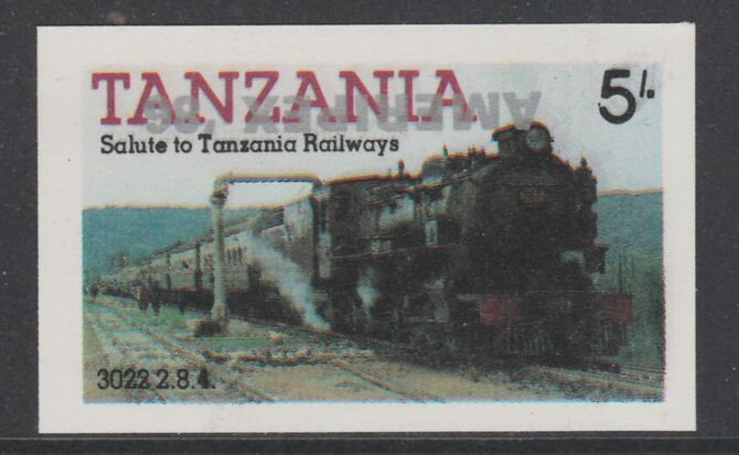 Tanzania 1986 Railways 5s (as SG 430) imperf proof with the unissued 'AMERIPEX '86' opt in silver inverted (some ink smudging) unmounted mint