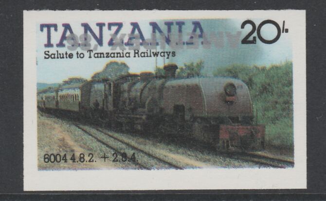 Tanzania 1986 Railways 20s (as SG 432) imperf proof with the unissued 'AMERIPEX '86' opt in silver inverted (some ink smudging) unmounted mint