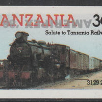 Tanzania 1986 Railways 30s (as SG 433) imperf proof with the unissued 'AMERIPEX '86' opt in silver inverted (some ink smudging) unmounted mint