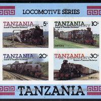 Tanzania 1986 Railways m/sheet (as SG MS 434) imperf proof with the unissued 'AMERIPEX '86' opt in silver inverted (some ink smudging) unmounted mint