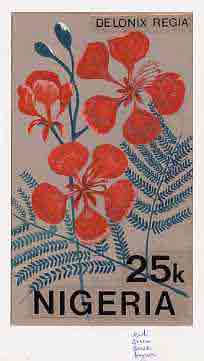 Nigeria 1987 Flowers - original hand-painted artwork for 25k value (De Lonix Regia) by unknown artist on card 5" x 8.5"