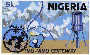 Nigeria 1973 IMO & WMO Centenary - original hand-painted artwork for 5k value (beautifully crude) by unknown artist on card 10" x 6"
