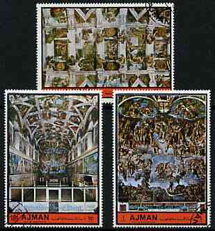Ajman 1972 The Sistine Chapel by Michelangelo perf set of 3 cto used, Mi 1874-76