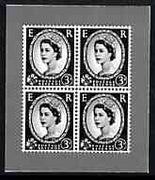 Cinderella - Great Britain 1952 Wilding 3d block of 4 illustration in black on ungummed paper by Harrison & Sons produced during mid 1950's as a sample to illustrate the quality of gravure printed stamps - documented as 'accepted ……Details Below