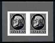 Germany - Bavaria 1914 King Ludwig III 3m horiz pair illustration in black on ungummed paper by Harrison & Sons produced during mid 1950's as a sample to illustrate the quality of gravure printed stamps - documented as 'First phot……Details Below