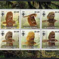 Mauritania 2002 Birds of Prey #1 perf sheetlet containing 6 values (Owls) each with Scout logo unmounted mint