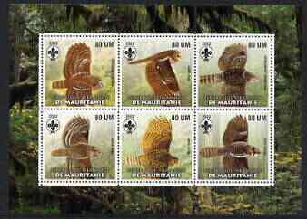 Mauritania 2002 Birds of Prey #1 perf sheetlet containing 6 values (Owls) each with Scout logo unmounted mint
