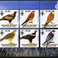 Mauritania 2002 Birds of Prey #4 perf sheetlet containing 6 values (Eagles, Falcons & Hawks) each with Scout logo unmounted mint